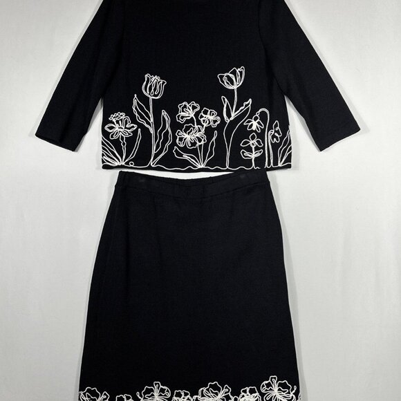 ST.JOHN Couture Women's Black White Embroidered Floral 2 Piece Top 8 Skirt 12